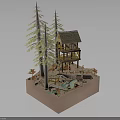 Miniature Scenic Model Featuring Wooden Cottage Pine Trees and Small Pond