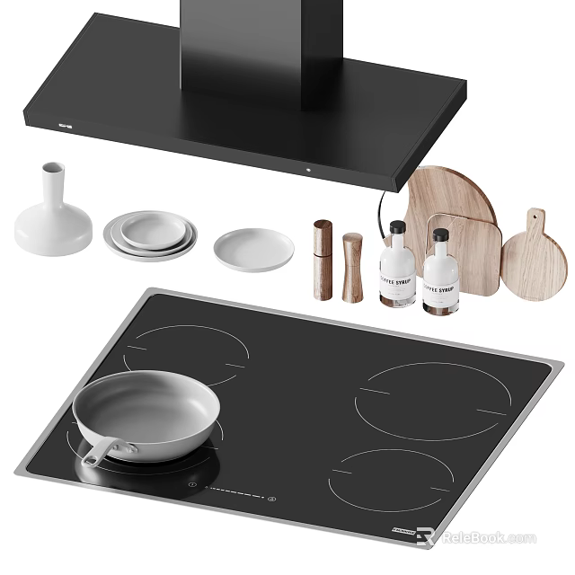 Essential Kitchenware Including Cooktop Hood And Utensils 3d model 