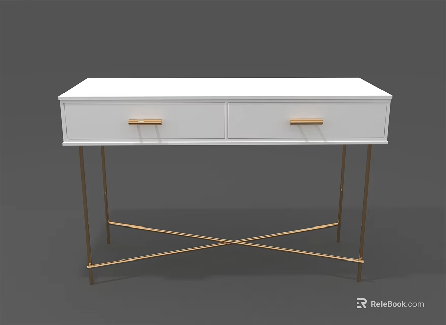Elegant White Dressing Table With Gold Metal Legs And Double Storage Drawers 3d model 