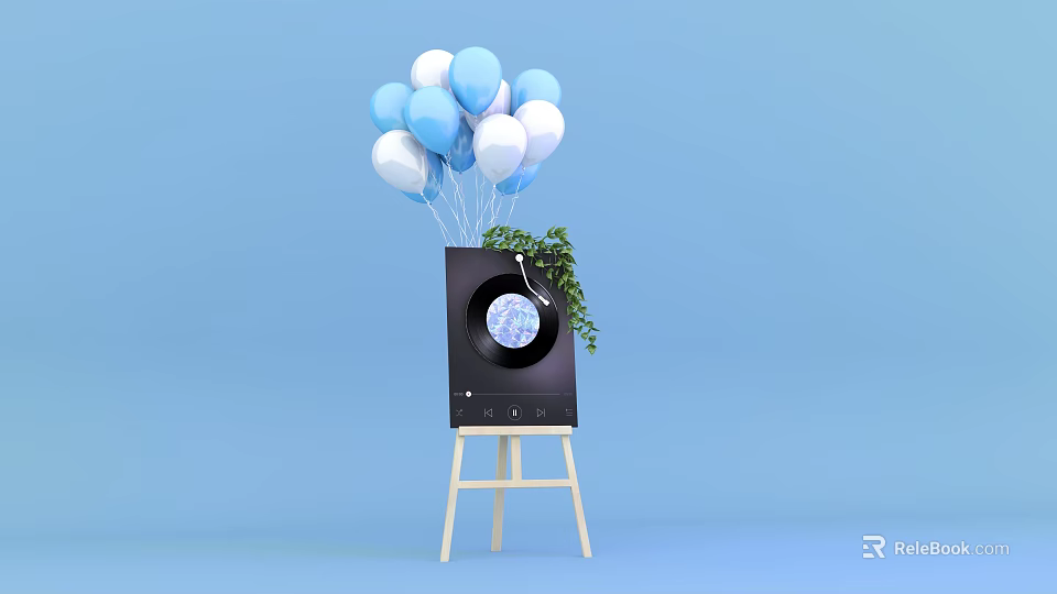 Record Player on Light Wooden Stand with Blue White Balloons Green Plant Light Blue Background 3d model 