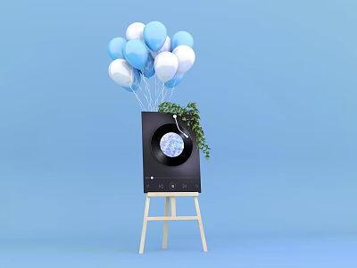 Record Player on Light Wooden Stand with Blue White Balloons Green Plant Light Blue Background 3d model