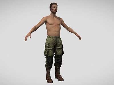 A Shirtless Man In Camouflage Pants And Brown Boots With Arms Outstretched Against Gray Background 3d model