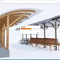 Outdoor Canopy Structure With Wooden Frames Transparent Roof Benches And Bicycles
