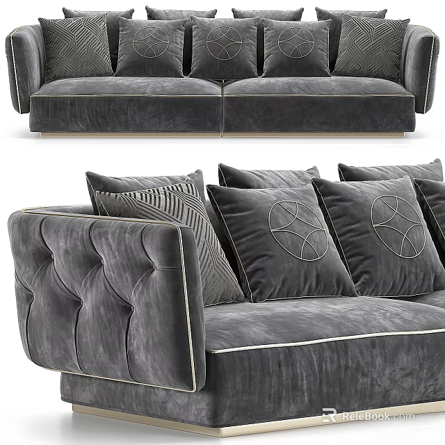 Luxury Gray Velvet Two Seater Sofa With Tufted Armrest And Decorative Pillows 3d model 