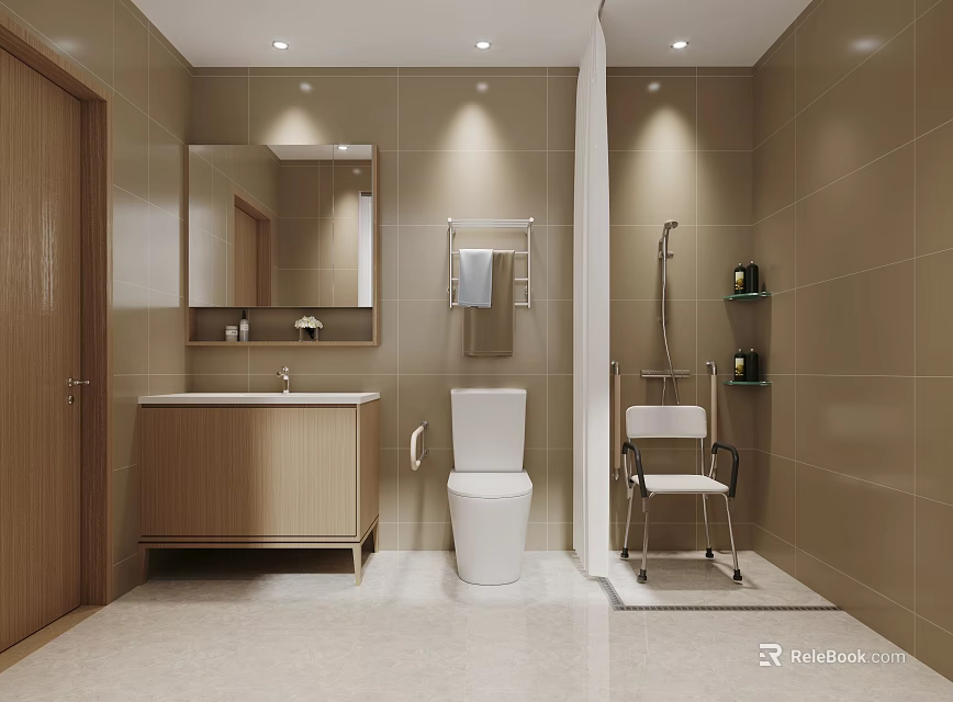 Modern Bathroom Interior With Wooden Vanity Toilet And Shower Chair 3d model 