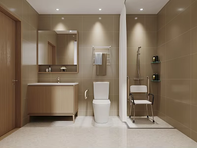 Modern Bathroom Interior With Wooden Vanity Toilet And Shower Chair 3d model