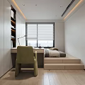 Modern Minimalist Tatami Bedroom With Bed Desk Chair Storage Cabinets And Window Blinds