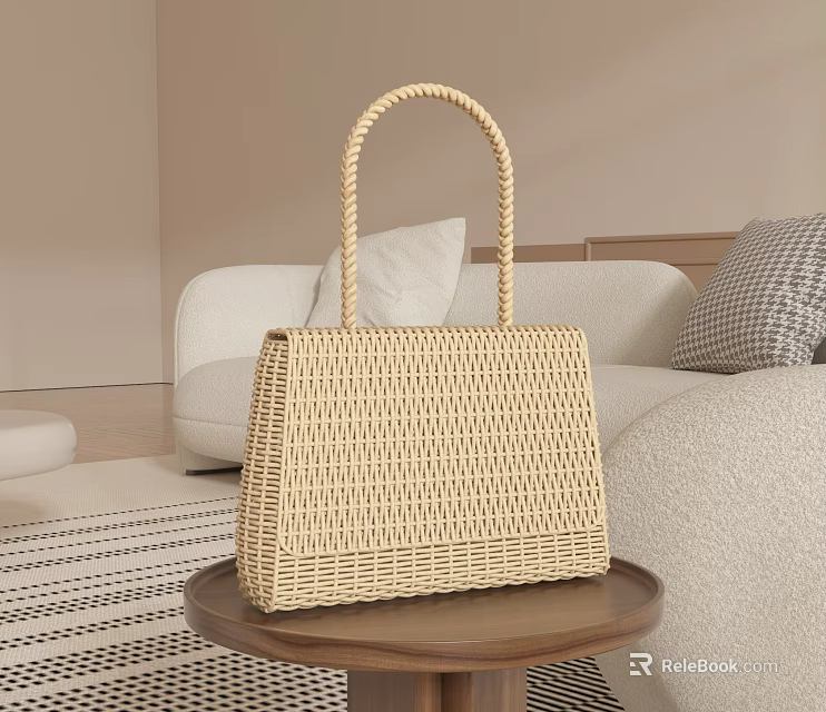 Stylish Wicker Handbag In Minimalist Living Room 3d model 