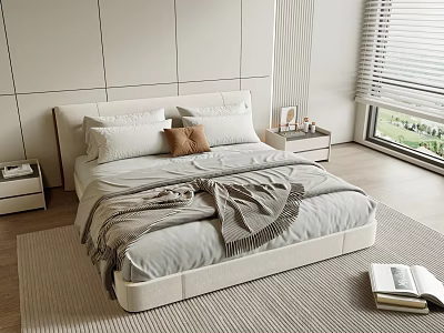 Modern Double Bed in Minimalist Bedroom with White Headboard Soft Pillows and Wooden Floor 3d model