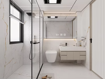 Modern Bathroom Interior Design With Glass Shower Enclosure Marble Walls And Vanity Mirror 3d model