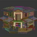 Octagonal Wooden Two Story Building With Blue Roof Balconies Awnings And Lanterns