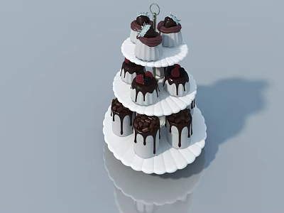 Delicious Cupcakes On Three Tiered White Stand With Chocolate Drizzle And Toppings 3d model