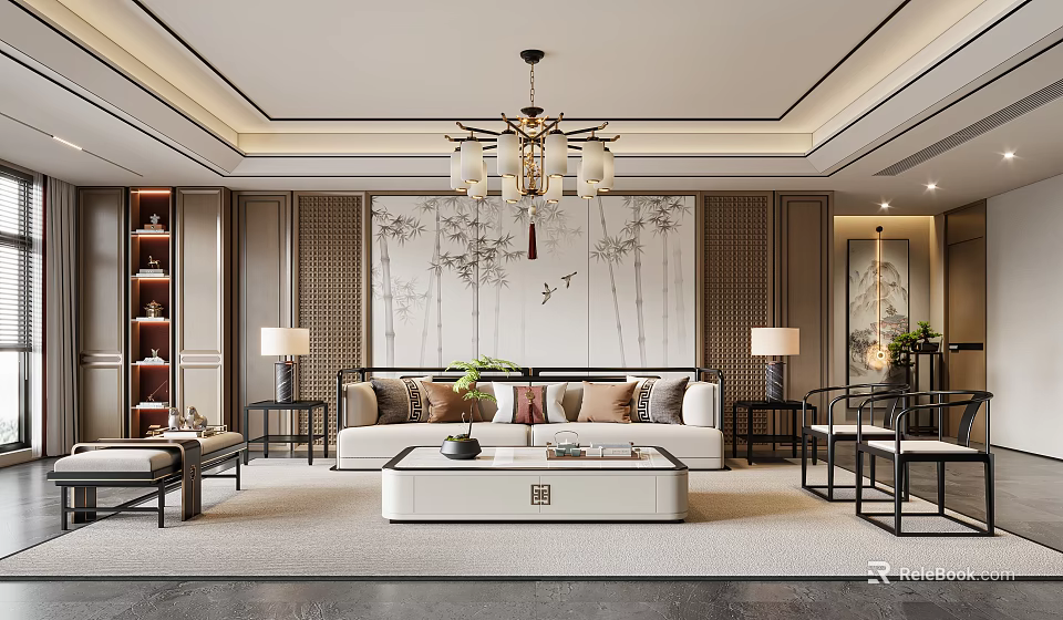 Chinese Style Living Room Interior Design With Bamboo Pattern Wall Pendant Light And Sofa 3d model 