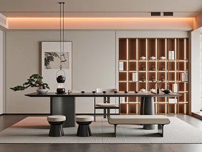 Modern Tea Room Interior With Tea Table Stools Wooden Shelves Potted Plant And Warm Lighting 3d model