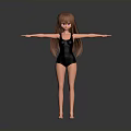 3D Anime Character With Long Brown Hair In Black Leotard Arms Outstretched