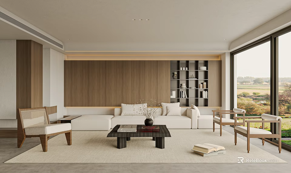 Minimalist Living Room Interior With White Sofa Wooden Wall Bookshelf And Large Window Scenic View 3d model 