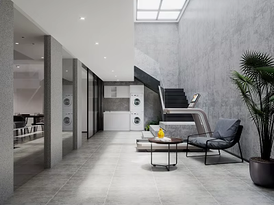 Modern Basement Interior With Concrete Walls Skylight Natural Light Seating Area And Plant 3d model