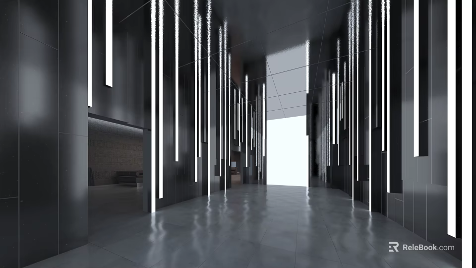 Clubhouse Interior Corridor With Modern Design Vertical Light Strips Black Walls And Sleek Floor 3d model 