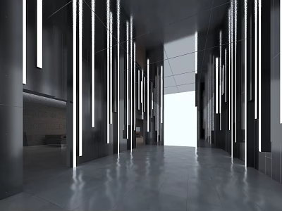 Clubhouse Interior Corridor With Modern Design Vertical Light Strips Black Walls And Sleek Floor 3d model
