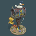 Seagull Perched On Rustic Painted Mailbox With Crab Shells And Fish Bone On Sandy Base