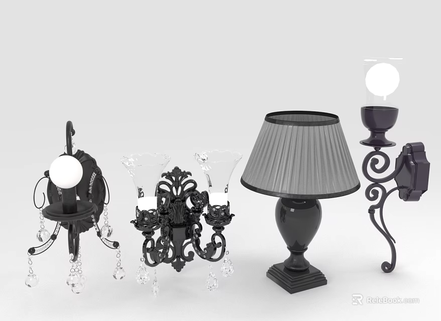 Classical Black Lighting Combination With Crystal Chandelier Wall Lamp And Table Lamp 3d model 