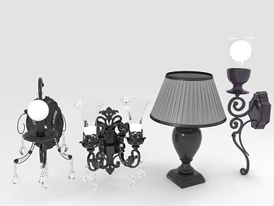 Classical Black Lighting Combination With Crystal Chandelier Wall Lamp And Table Lamp 3d model