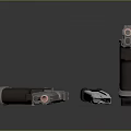 Two Modern Tactical Pistols With Wooden Grips Metal Frames Red Accents And Magazine Attachments