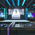 Modern Bar Interior With Stage Lighting Large Screens And Sofas 3d model