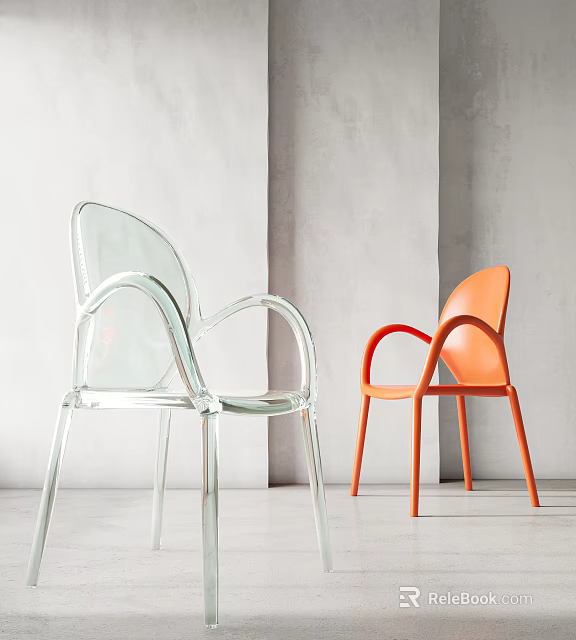 Transparent And Orange Accent Chairs With Clear Acrylic And Vibrant Color In Modern Minimalist Setting 3d model 