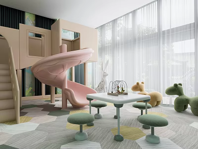 Colorful Kids Playroom Interior With Pink Slide Tables Stools And Stuffed Toys 3d model