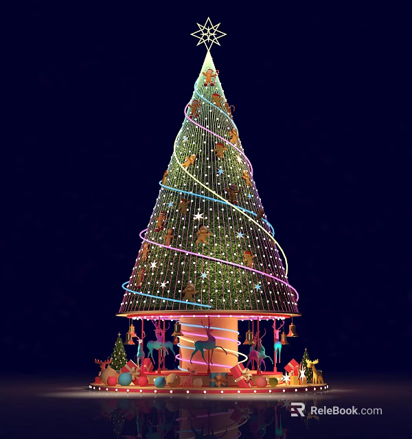 Festively Decorated Christmas Tree With Twinkling Lights Ornaments And Carousel Base Decorations 3d model 
