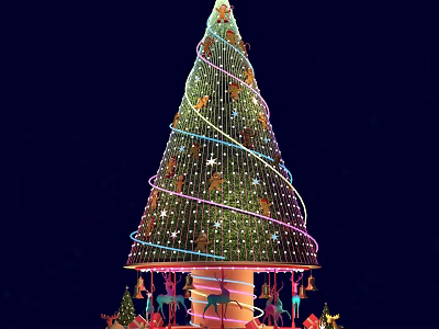 Festively Decorated Christmas Tree With Twinkling Lights Ornaments And Carousel Base Decorations 3d model