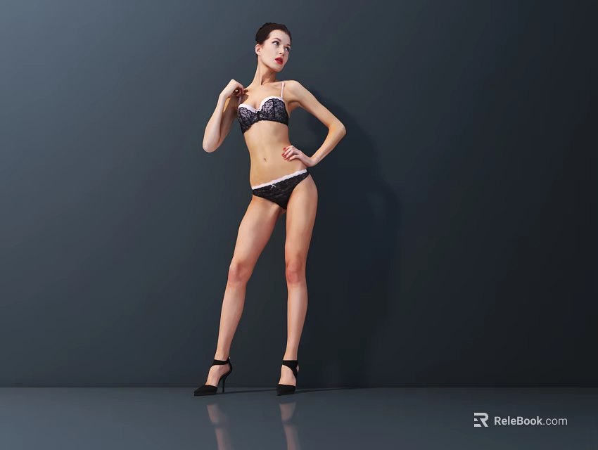 Woman Wearing Black Bikini And High Heels Posing Against Gray Background With Reflective Floor 3d model 