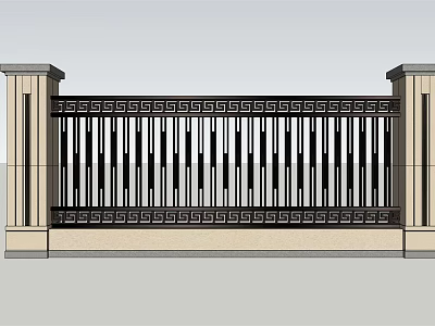 Scenic Wall Design with Stone Columns and Geometric Metal Railing 3d model
