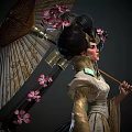 Oriental Female Figures in Traditional Costume with Decorative Umbrellas and Elaborate Hair Details