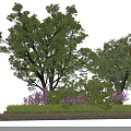 Garden Ornament Featuring Two Trees Red Flower Tree Pink Flowers Green Shrubs Neat Border
