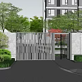 Modern Metal Grille Entrance Gate With Concrete Walls Greenery And Apartment Building