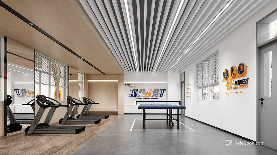 Modern Gym Area Equipped With Treadmills And Ping Pong Table 3d model 