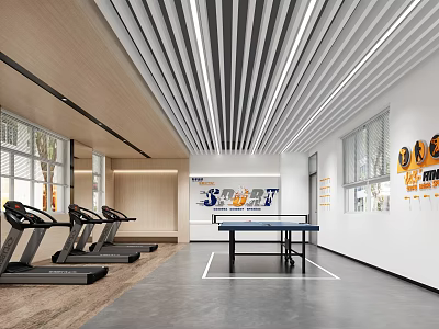 Modern Gym Area Equipped With Treadmills And Ping Pong Table 3d model