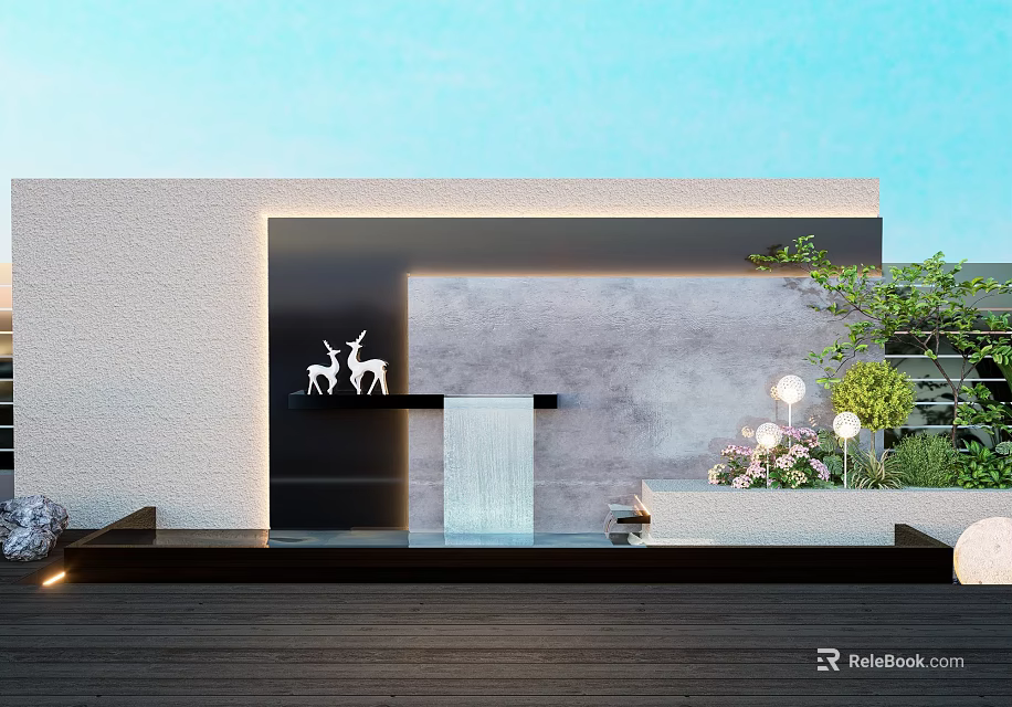 Modern Feature Wall Design With Deer Motifs Waterfall And Greenery Lighting 3d model
