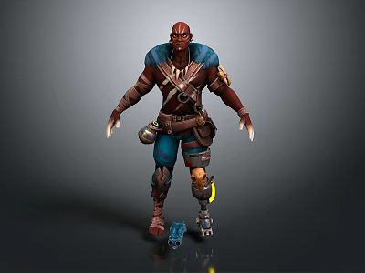 3D Warrior Character Model With Red Head Blue Outfit and Mechanical Limb 3d model