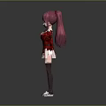 Game Movie Character with Pink Long Hair Blue Eyes Red Striped Sweater and White Skirt