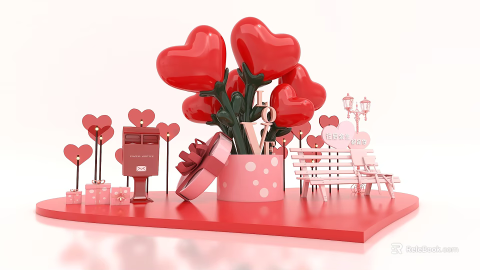 Romantic Valentine's Day Scene with Red Heart Shaped Balloons Mailbox Gift Boxes and Bench 3d model 