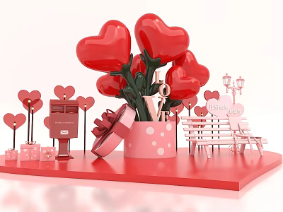Romantic Valentine's Day Scene with Red Heart Shaped Balloons Mailbox Gift Boxes and Bench 3d model