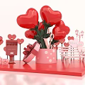 Romantic Valentine's Day Scene with Red Heart Shaped Balloons Mailbox Gift Boxes and Bench