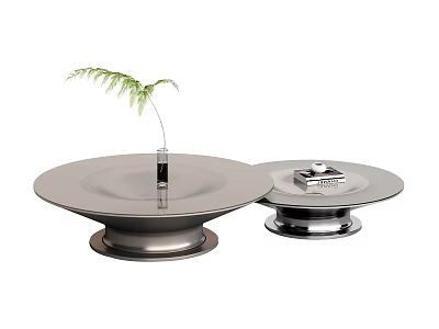 Round Modern Coffee Tables With Metal Base Smooth Surface Green Plant In Vase And Books 3d model