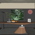 Modern Wooden Desk With Black Table Lamp Potted Plant Books Oranges And Photo Frame