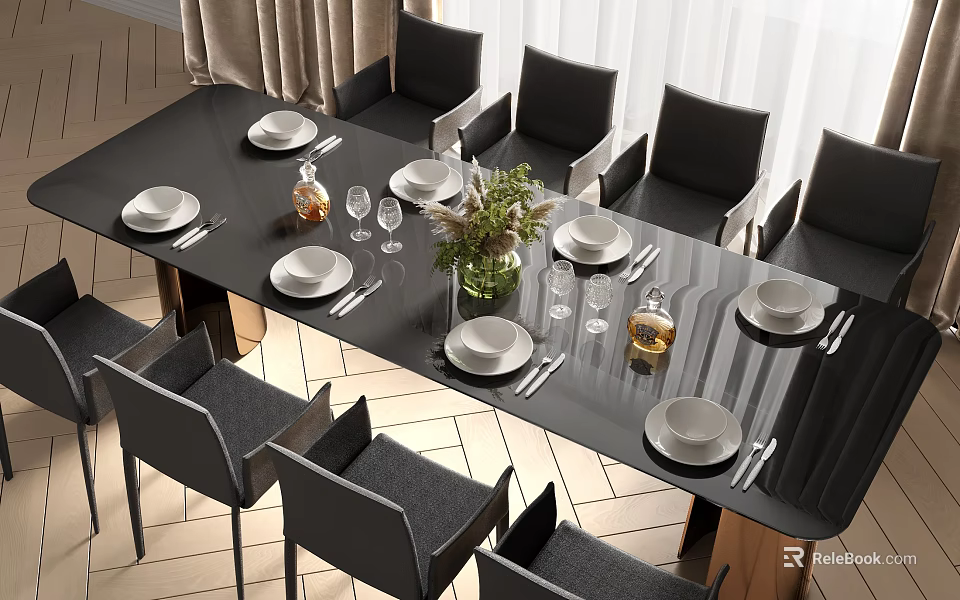 Elegant Modern Dining Table Set with Black Chairs White Plates Glassware and Green Plant Vase 3d model 
