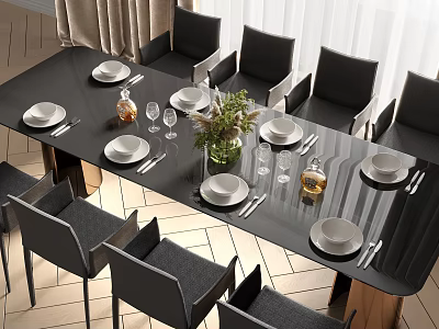 Elegant Modern Dining Table Set with Black Chairs White Plates Glassware and Green Plant Vase 3d model