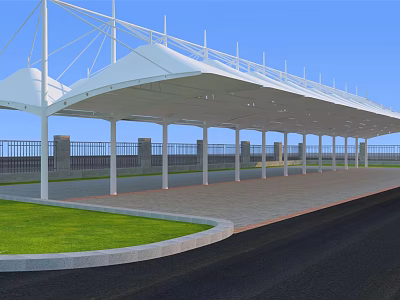 White Large Membrane Structure Canopy For Outdoor Parking With Grass Area And Road 3d model